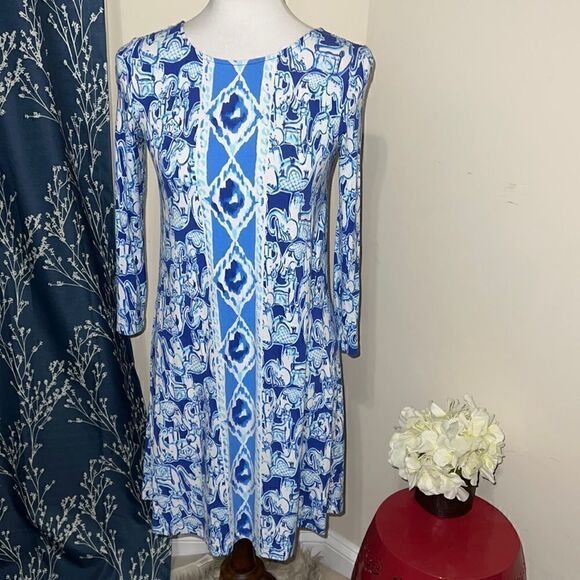 Lilly Pulitzer Get Trunky Ophelia Swing Dress Blue Elephant Lattice sz XS - Picture 1 of 10